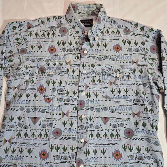 PANHANDLE SLIM MENS LARGE 16.5 BLUE SOUTHWEST CACTUS PRINT SHIRT LS VINTAGE - Picture 3 of 5